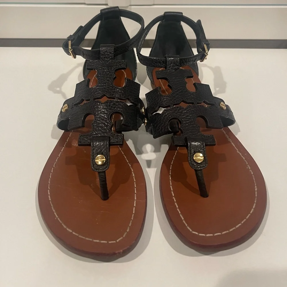Tory Burch Black Leather T-Strap Logo Sandals with Brown Footbed